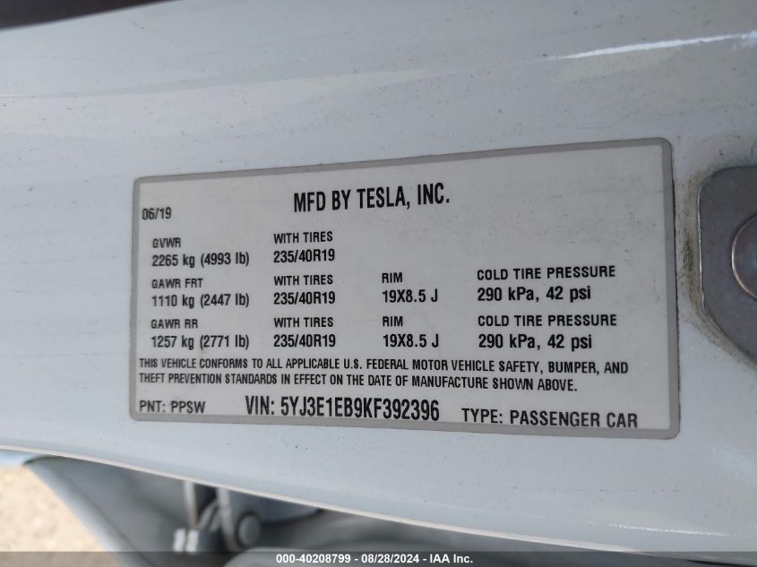 2019 TESLA MODEL 3 LONG RANGE/PERFORMANCE - 5YJ3E1EB9KF392396