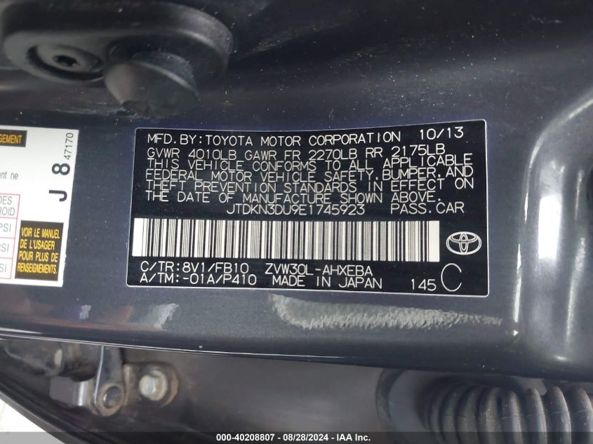 JTDKN3DU9E1745923 2014 Toyota Prius Two