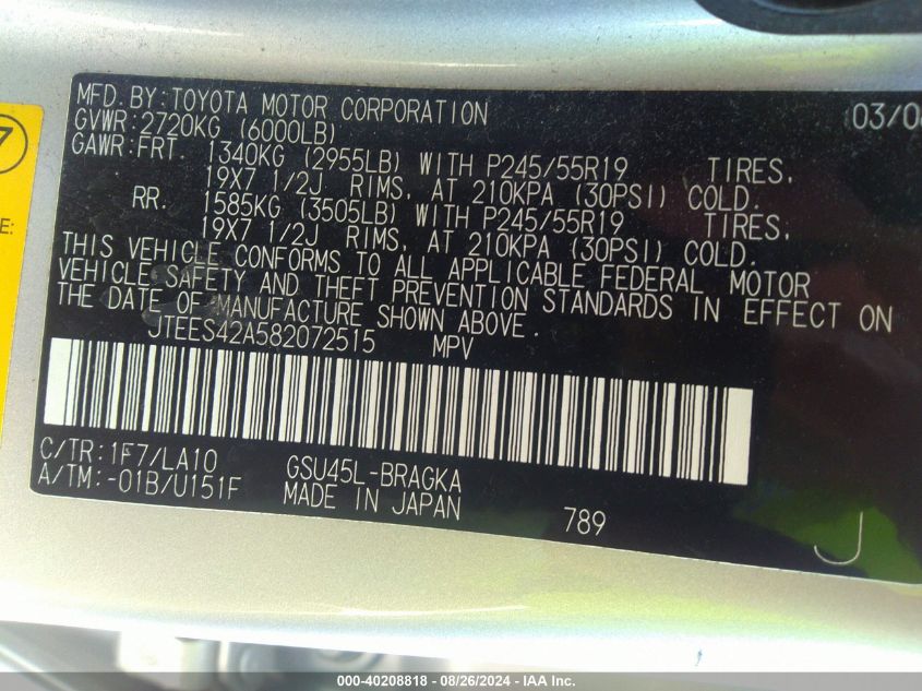 2008 Toyota Highlander Limited VIN: JTEES42A582072515 Lot: 40208818