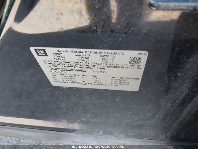 2013 Chevrolet Equinox 1Lt VIN: 2GNFLEEK0D6156035 Lot: 40208836