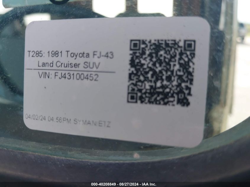 1981 Toyota Pickup VIN: FJ43100452 Lot: 40208849