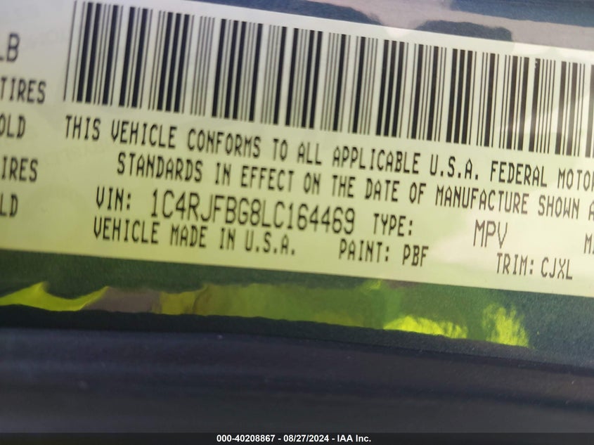 VIN 1C4RJFBG8LC164469 2020 JEEP GRAND CHEROKEE LIMITED 4X4