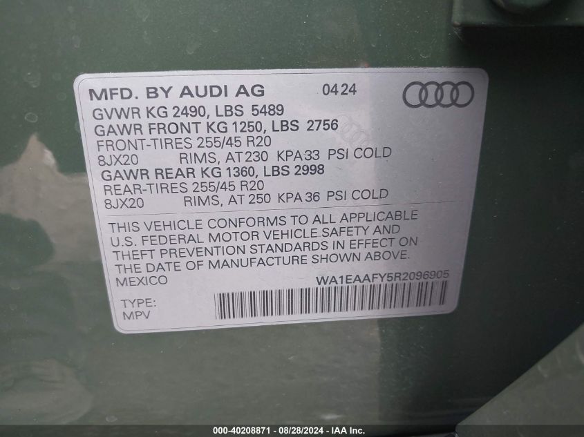 2024 Audi Q5 Premium Plus 45 Tfsi S Line Quattro VIN: WA1EAAFY5R2096905 Lot: 40208871