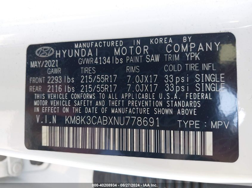 2022 Hyundai Kona Sel VIN: KM8K3CABXNU778691 Lot: 40208934