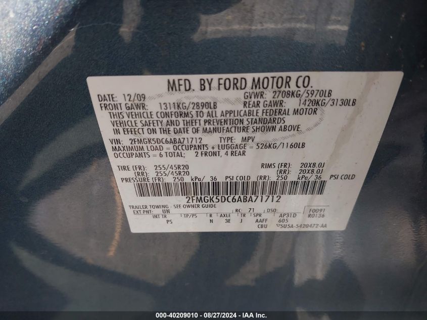 2FMGK5DC6ABA71712 2010 Ford Flex Limited