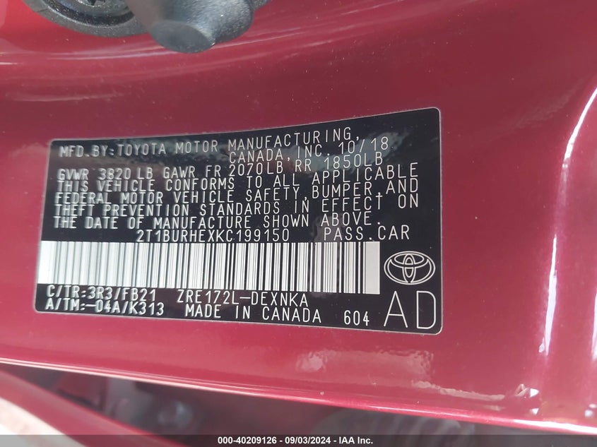 VIN 2T1BURHEXKC199150 2019 TOYOTA COROLLA LE