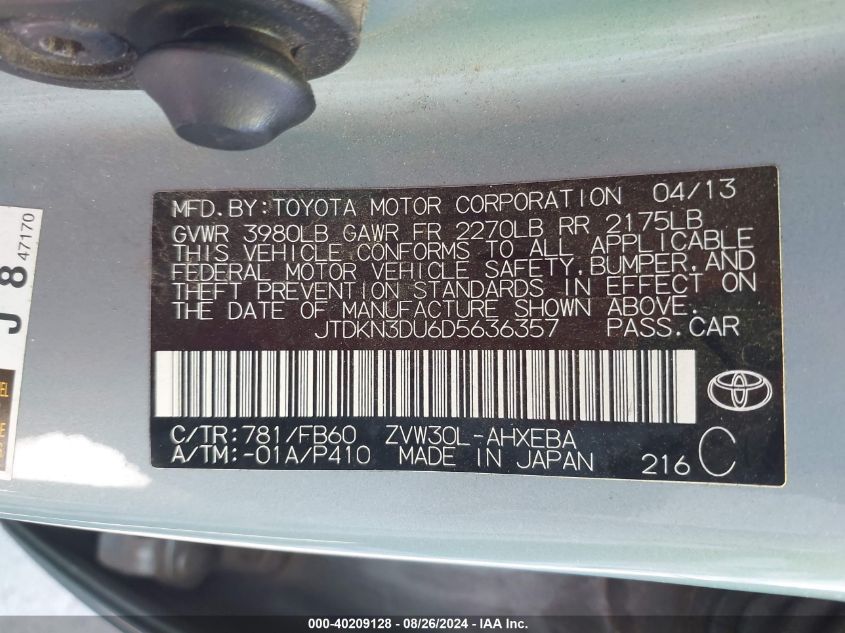 2013 Toyota Prius Three VIN: JTDKN3DU6D5636357 Lot: 40209128