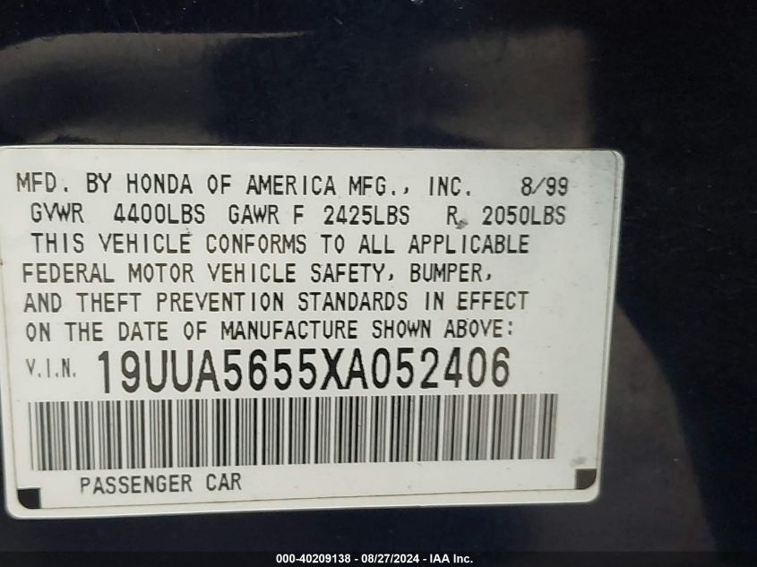 1999 Acura Tl 3.2 VIN: 19UUA5655XA052406 Lot: 40209138