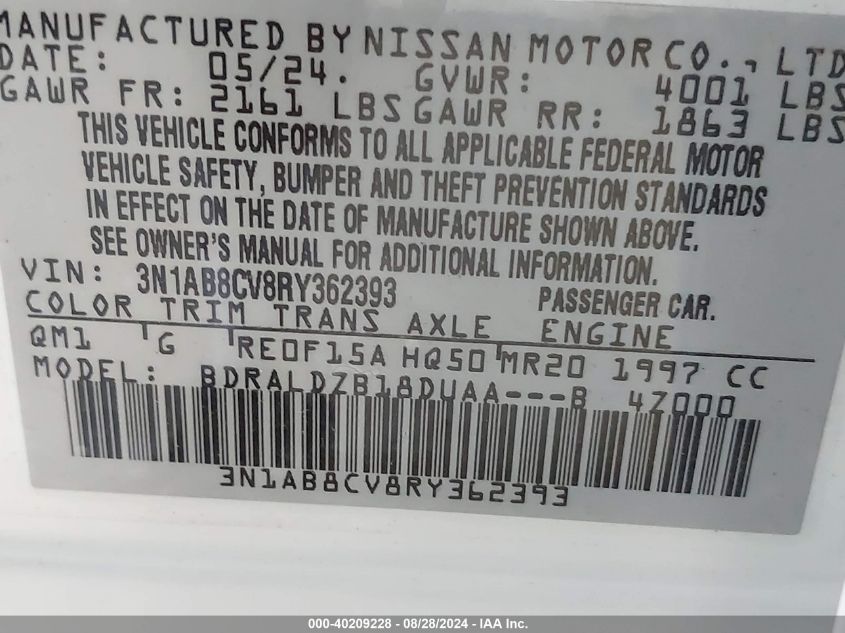 2024 Nissan Sentra Sv Xtronic Cvt VIN: 3N1AB8CV8RY362393 Lot: 40209228