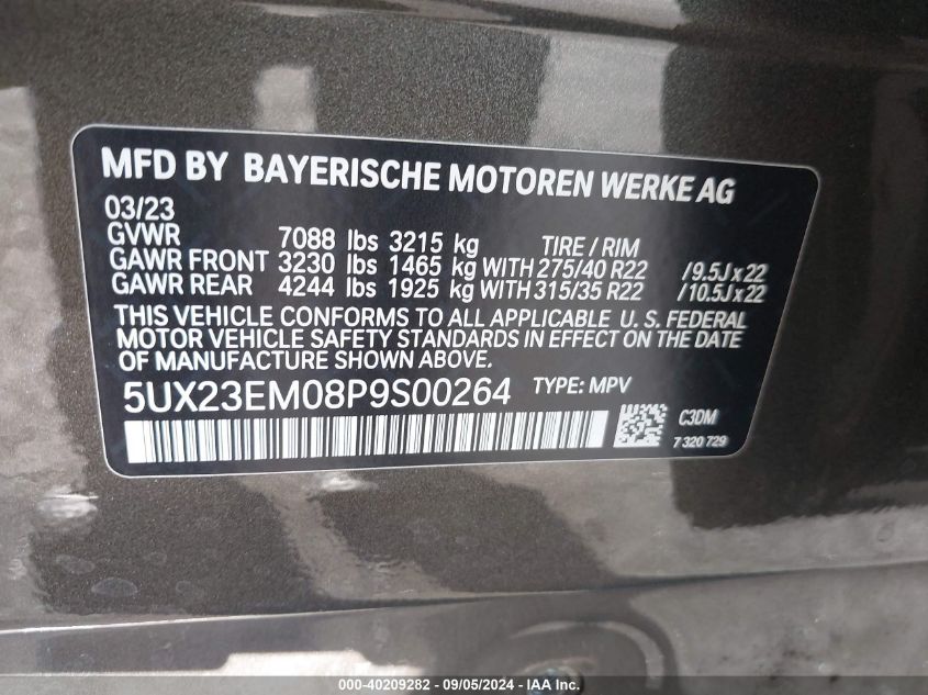 2023 BMW X7 xDrive40I VIN: 5UX23EM08P9S00264 Lot: 40209282