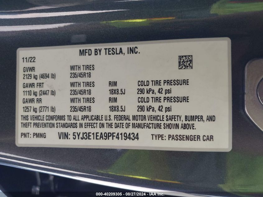 2023 Tesla Model 3 Rear-Wheel Drive VIN: 5YJ3E1EA9PF419434 Lot: 40209305