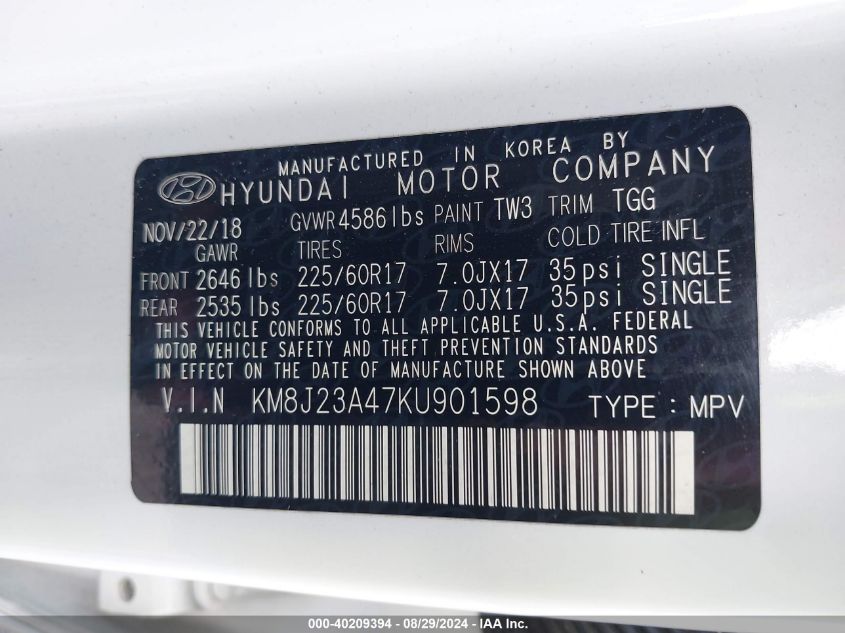 KM8J23A47KU901598 2019 Hyundai Tucson Se