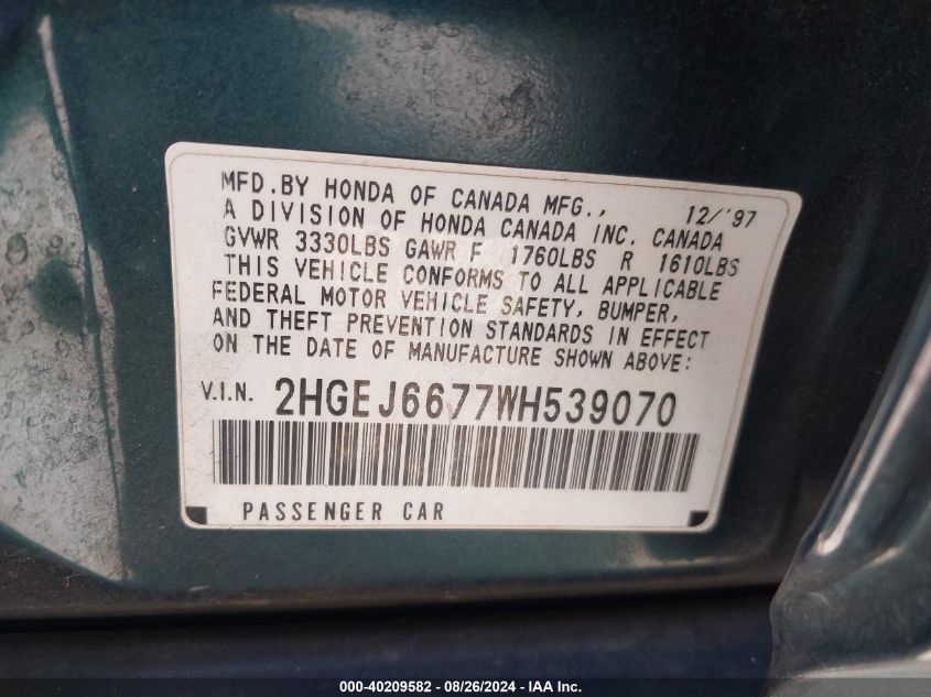 1998 Honda Civic Lx VIN: 2HGEJ6677WH539070 Lot: 40209582