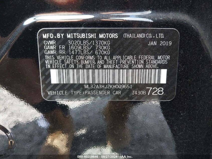 2019 Mitsubishi Mirage Es/Rf VIN: ML32A3HJ2KH009651 Lot: 40209646