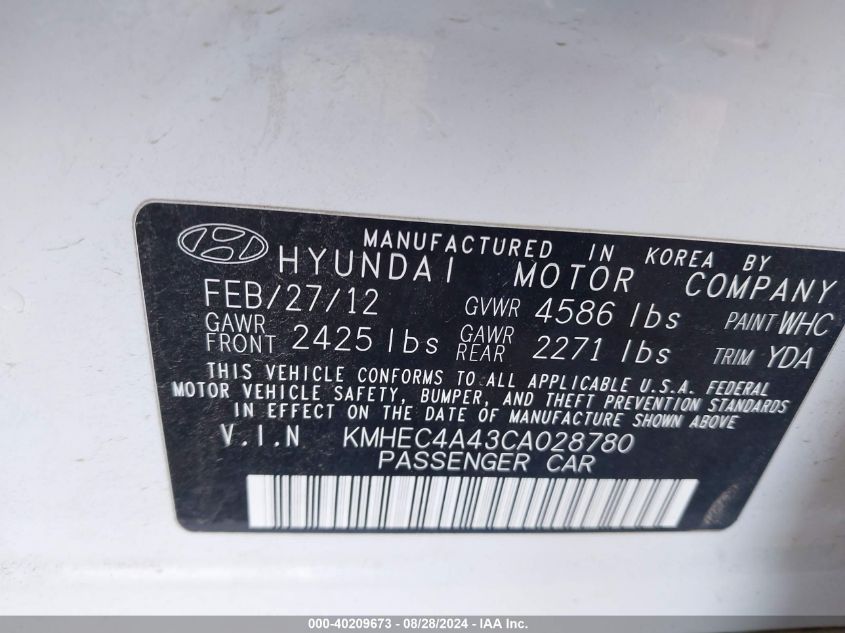 2012 Hyundai Sonata Hybrid VIN: KMHEC4A43CA028780 Lot: 40209673