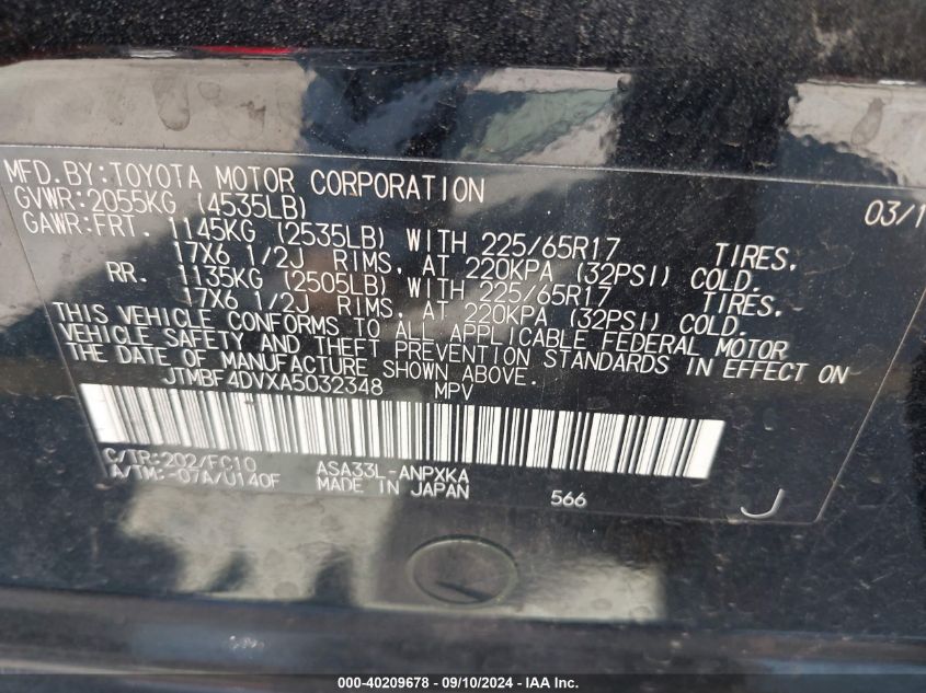 2010 Toyota Rav4 VIN: JTMBF4DVXA5032348 Lot: 40209678