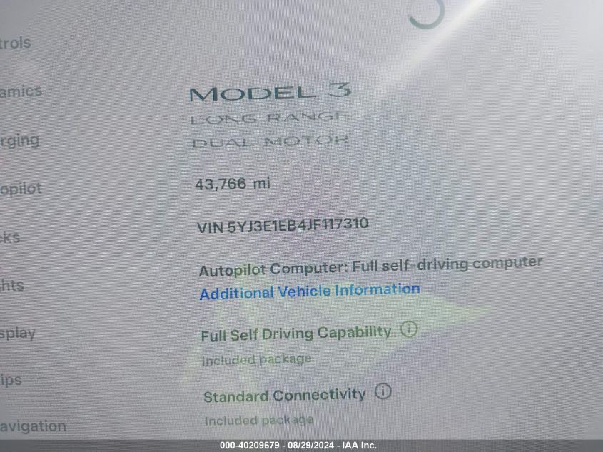 2018 Tesla Model 3 Long Range/Performance VIN: 5YJ3E1EB4JF117310 Lot: 40209679