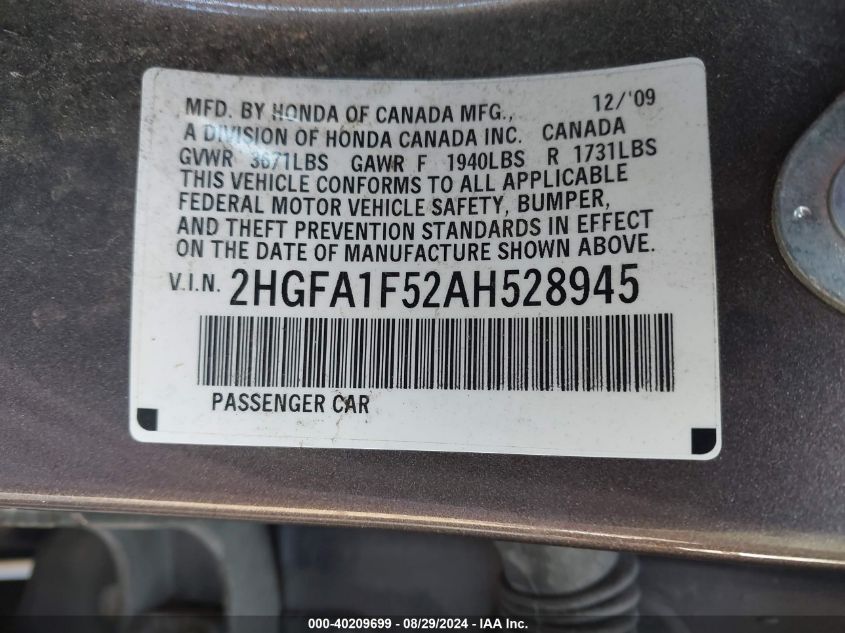 2HGFA1F52AH528945 2010 Honda Civic Lx