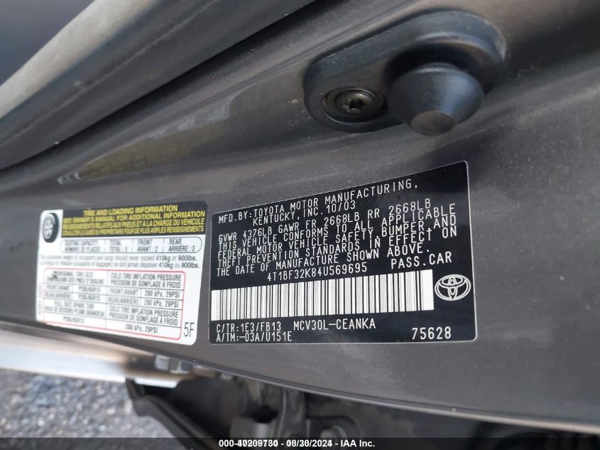 4T1BF32K84U569695 2004 Toyota Camry Le V6