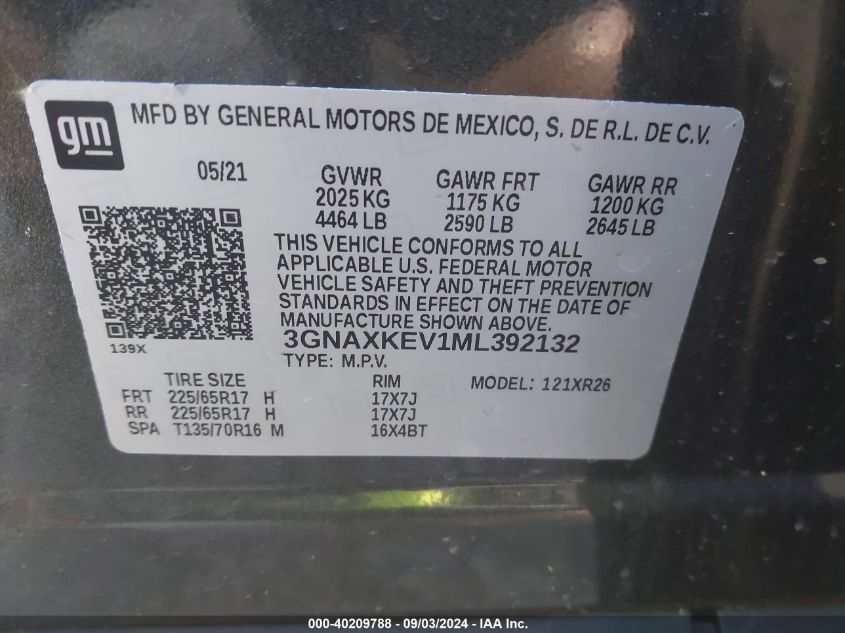 2021 Chevrolet Equinox Fwd Lt VIN: 3GNAXKEV1ML392132 Lot: 40209788