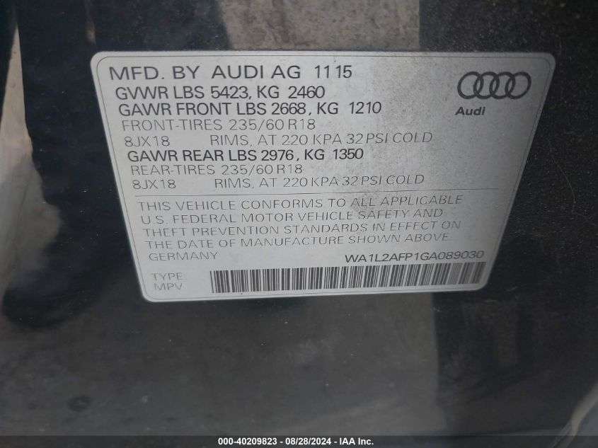 2016 Audi Q5 2.0T Premium VIN: WA1L2AFP1GA089030 Lot: 40209823