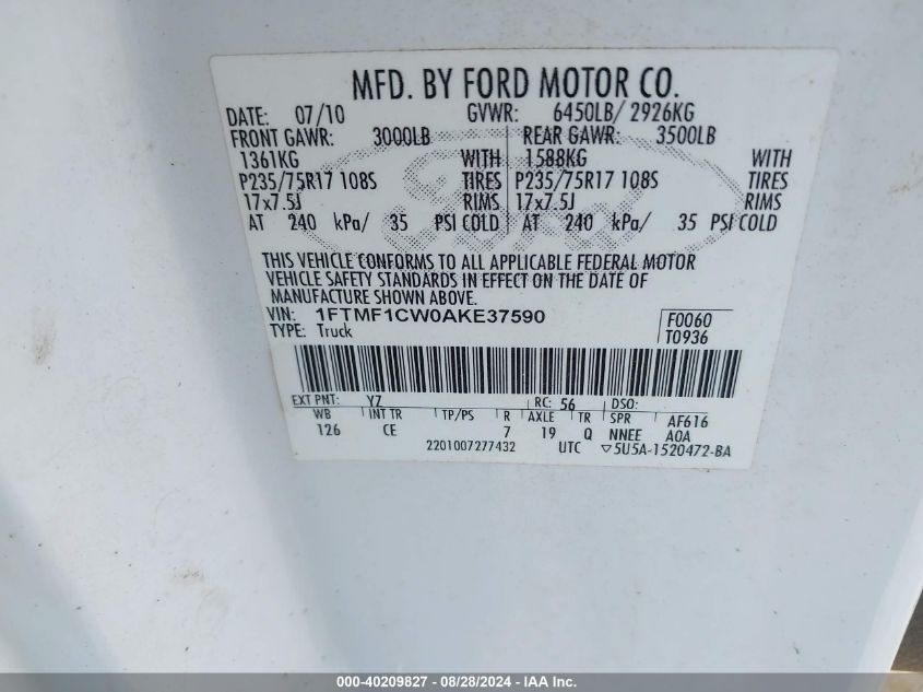 2010 Ford F-150 Stx/Xl/Xlt VIN: 1FTMF1CW0AKE37590 Lot: 40209827