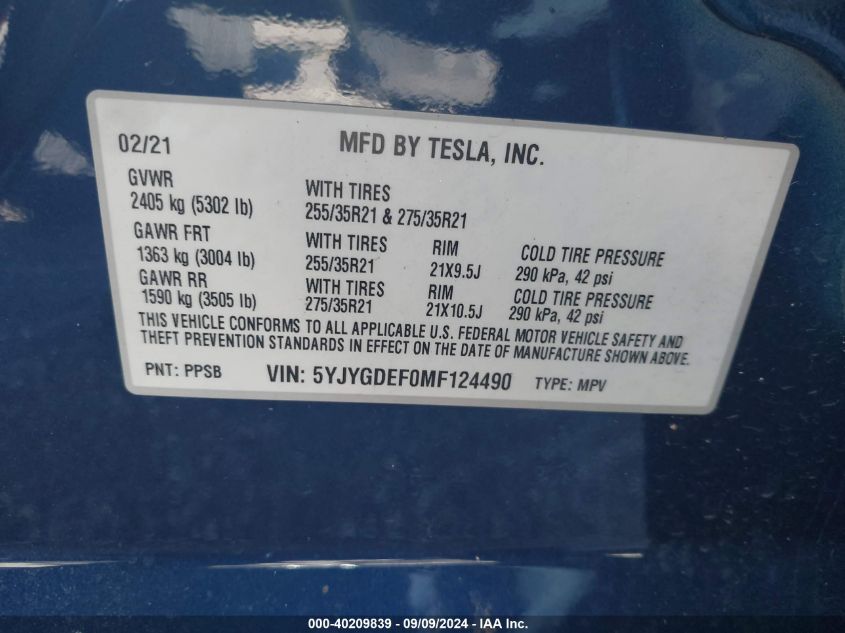 2021 Tesla Model Y Performance Dual Motor All-Wheel Drive VIN: 5YJYGDEF0MF124490 Lot: 40209839