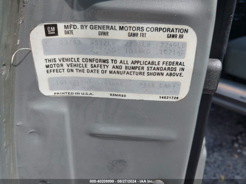 1983 Chevrolet Monte Carlo VIN: 1G1AZ37HXDR191668 Lot: 40209998