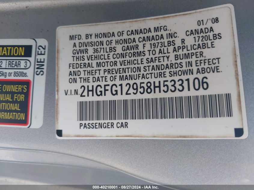 2HGFG12958H533106 2008 Honda Civic Ex-L