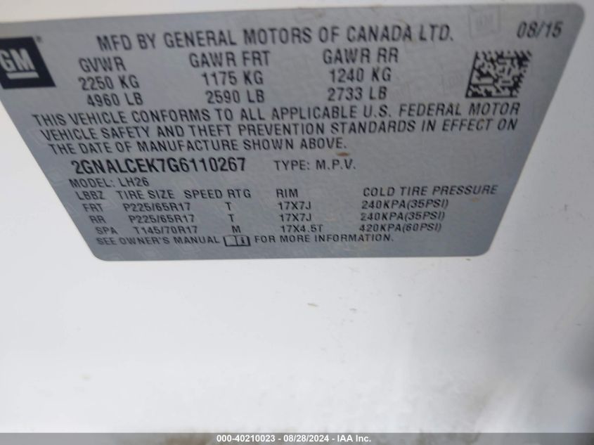 2GNALCEK7G6110267 2016 Chevrolet Equinox Lt