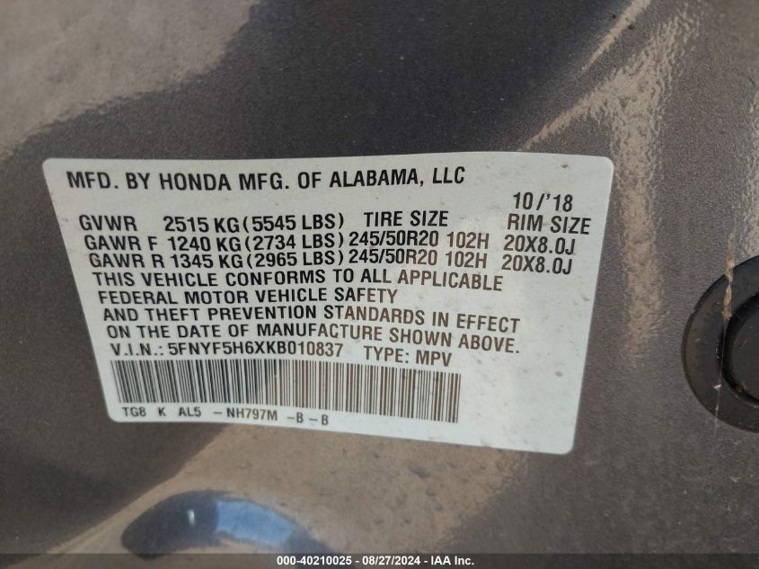 2019 Honda Pilot Touring VIN: 5FNYF5H6XKB010837 Lot: 40210025