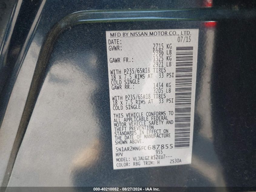 2015 Nissan Pathfinder Sl VIN: 5N1AR2MN6FC687855 Lot: 40210052