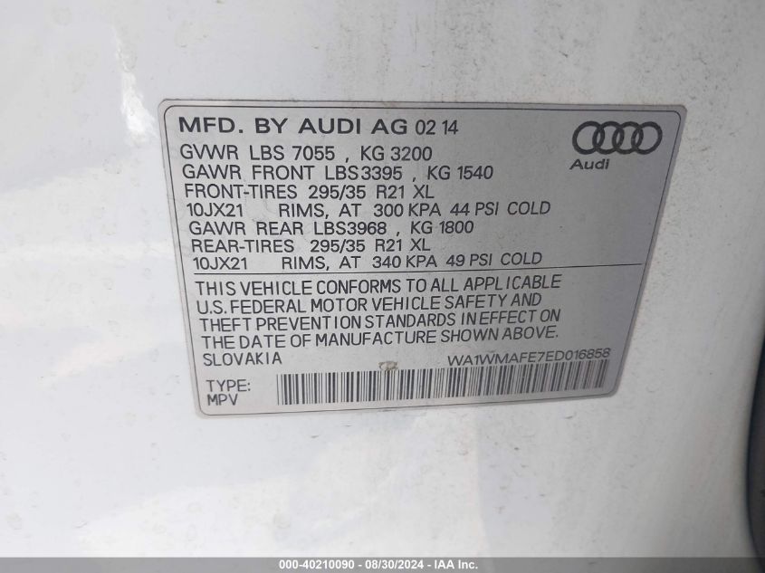 2014 Audi Q7 3.0 Tdi Premium VIN: WA1WMAFE7ED016858 Lot: 40210090