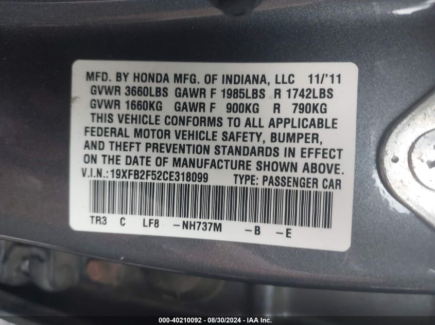 2012 Honda Civic Lx VIN: 19XFB2F52CE318099 Lot: 40210092