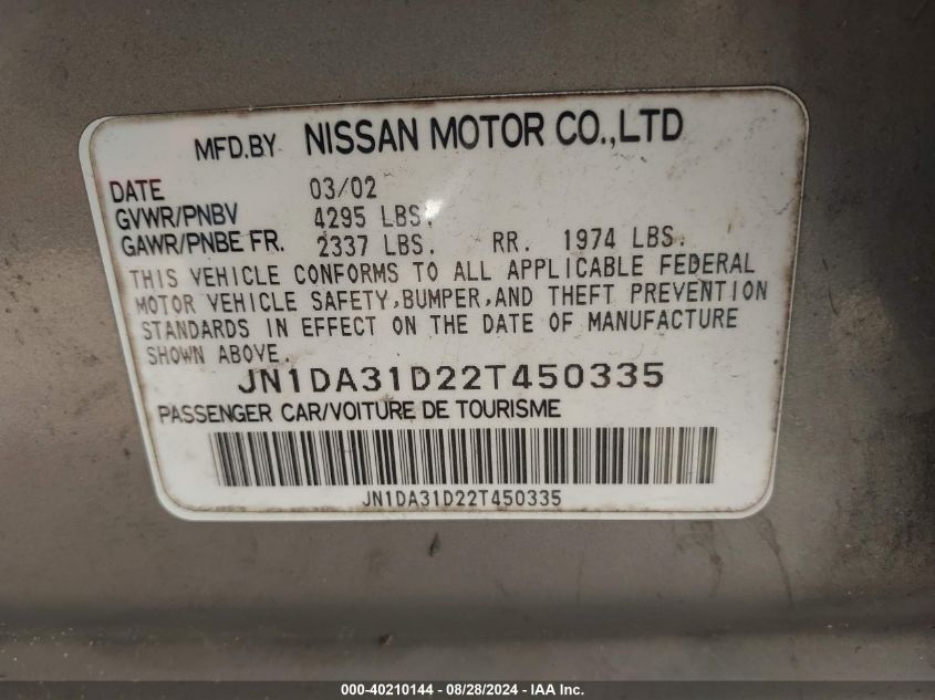 2002 Nissan Maxima Gle VIN: JN1DA31D22T450335 Lot: 40210144