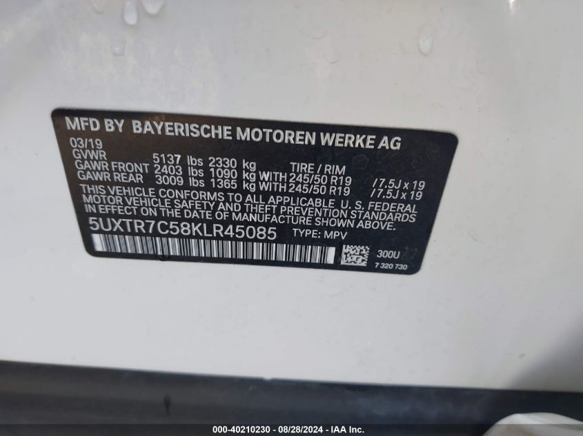 5UXTR7C58KLR45085 2019 BMW X3 Sdrive30I