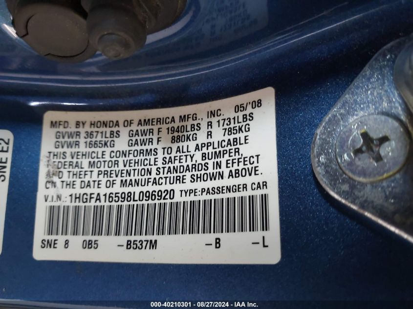 2008 Honda Civic Lx VIN: 1HGFA16598L096920 Lot: 40210301