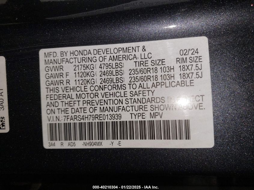 VIN 7FARS4H79RE013939 2024 Honda CR-V, Ex-L Awd no.9