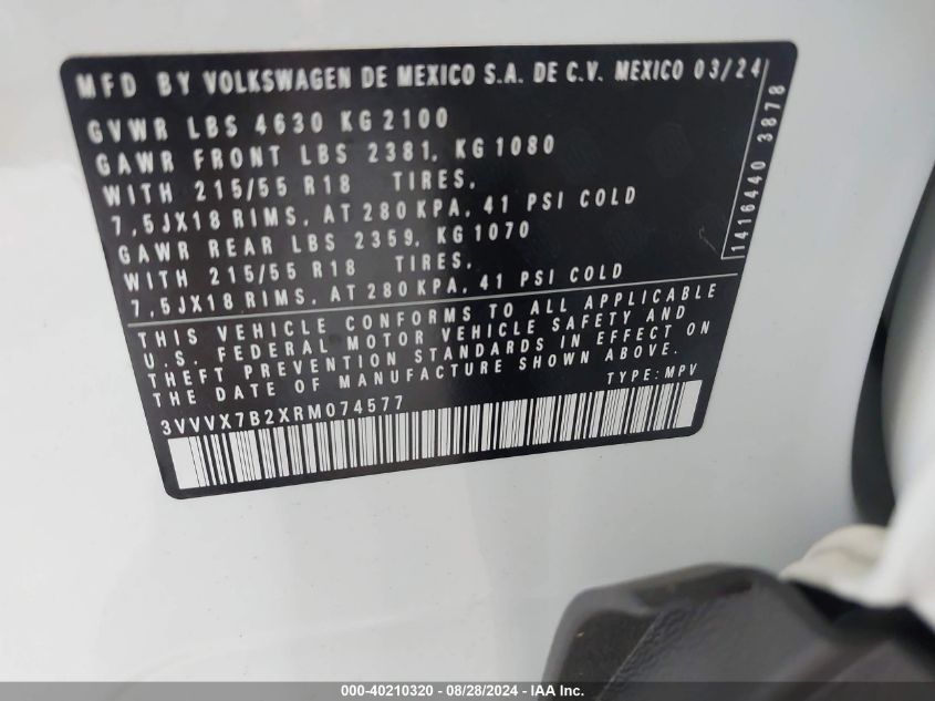 3VVVX7B2XRM074577 2024 Volkswagen Taos 1.5T Se