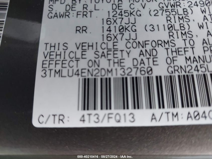 2013 Toyota Tacoma Base V6 VIN: 3TMLU4EN2DM132760 Lot: 40210416