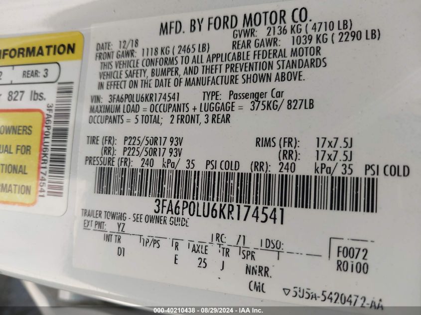 2019 Ford Fusion Hybrid Se VIN: 3FA6P0LU6KR174541 Lot: 40210438