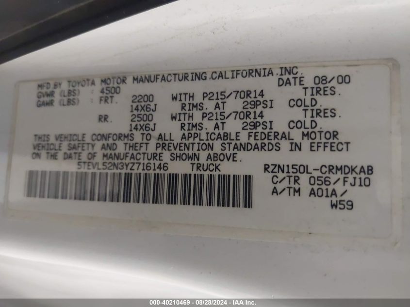 2000 Toyota Tacoma VIN: 5TEVL52N3YZ716146 Lot: 40210469