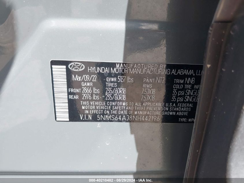 2022 Hyundai Santa Fe Xrt VIN: 5NMS64AJ8NH442196 Lot: 40210482