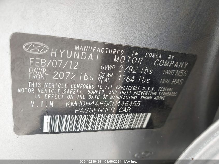 2012 Hyundai Elantra Gls/Limited VIN: KMHDH4AE5CU446455 Lot: 40210486