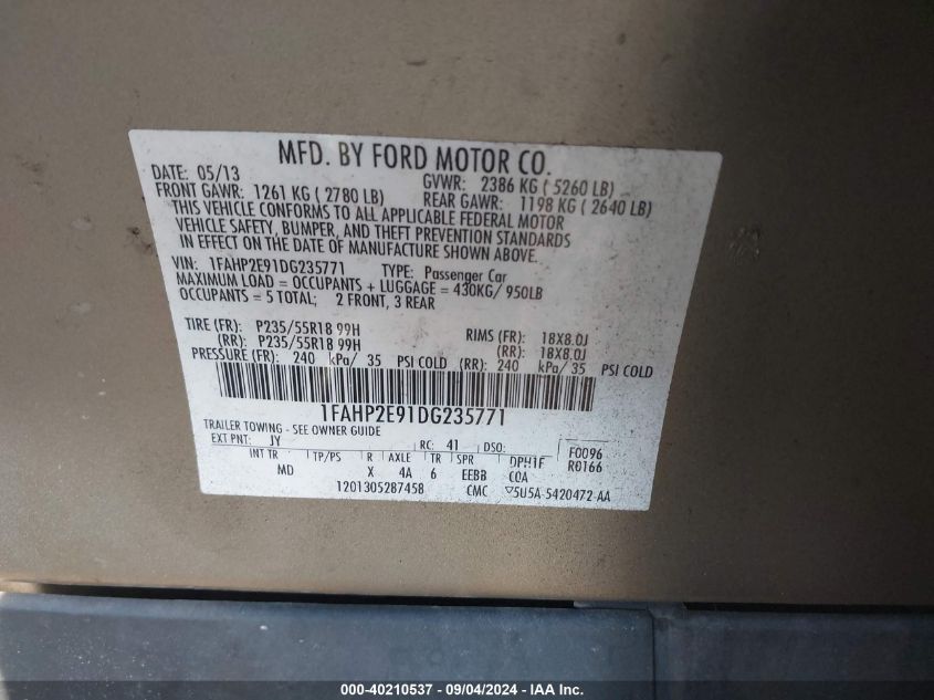 1FAHP2E91DG235771 2013 Ford Taurus Sel