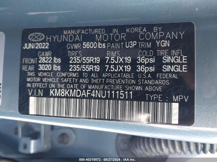 2022 Hyundai Ioniq 5 Se VIN: KM8KMDAF4NU111511 Lot: 40210572