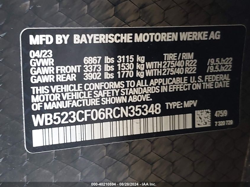 2024 BMW Ix xDrive50 VIN: WB523CF06RCN35348 Lot: 40210594