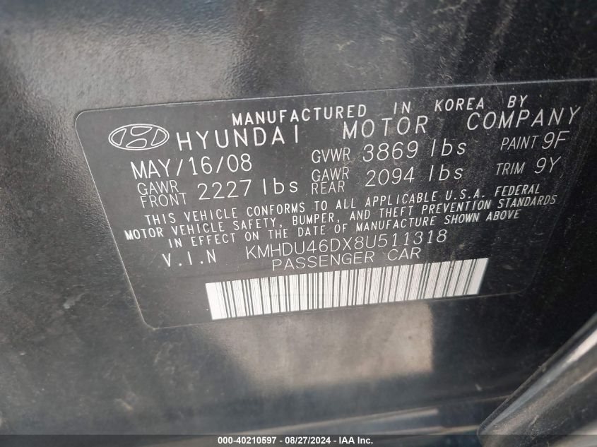 2008 Hyundai Elantra Gls/Se VIN: KMHDU46DX8U511318 Lot: 40210597