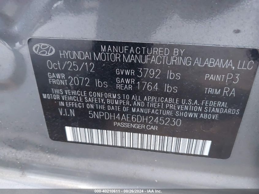 5NPDH4AE6DH245230 2013 Hyundai Elantra Gls