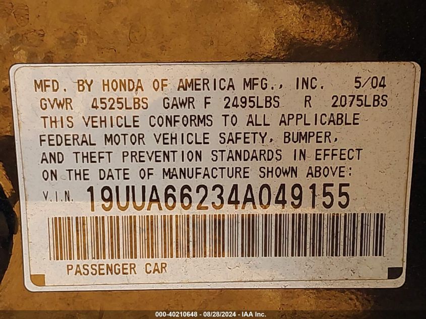 2004 Acura Tl VIN: 19UUA66234A049155 Lot: 40210648